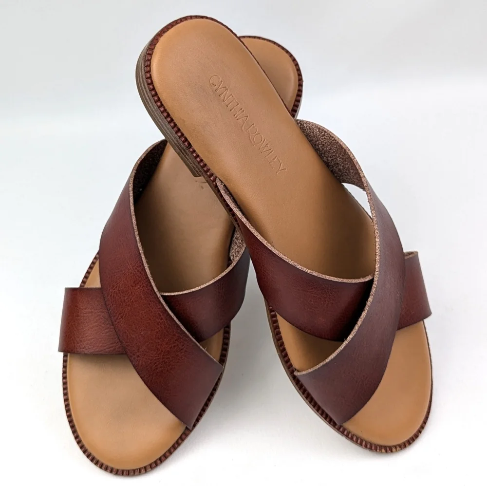 Cynthia Rowley Libra Sandals Wide Strap Criss Cross Vegan Boho Rustic Cognac 6.5